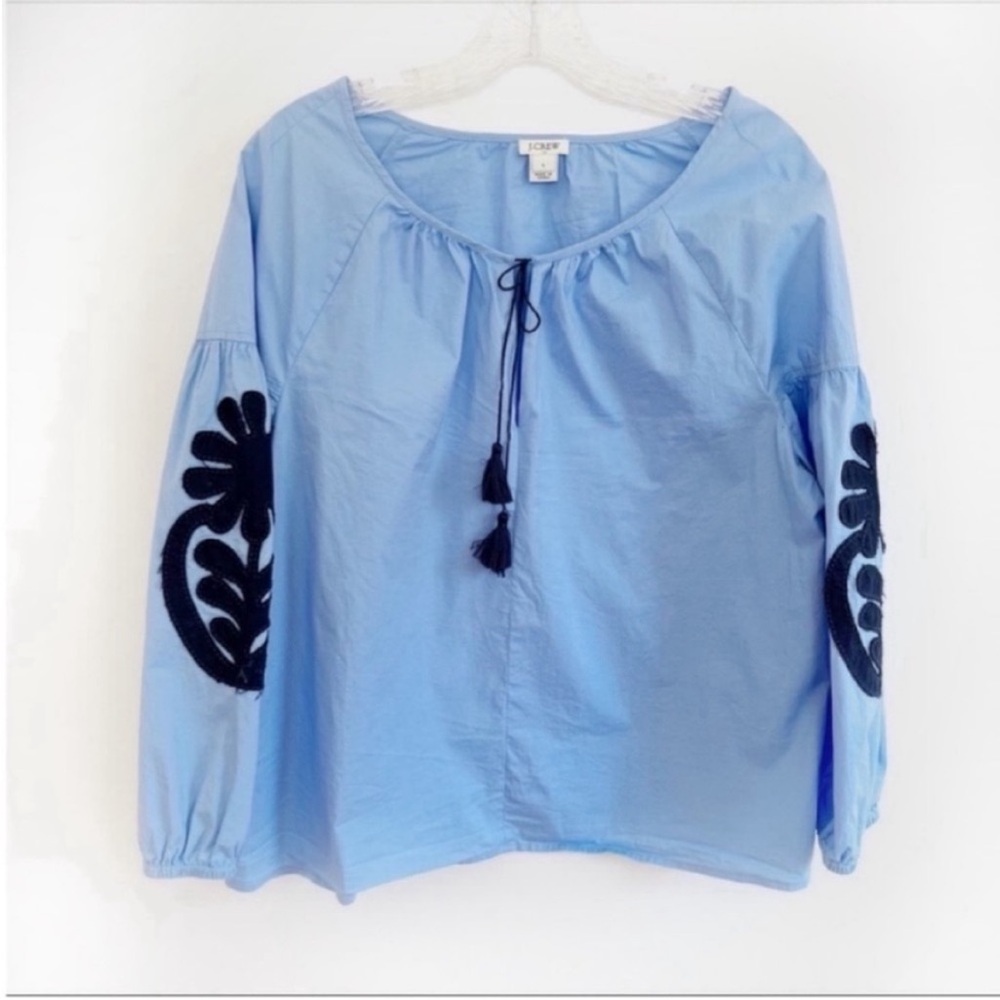 J. Crew Factory shirt blue embroidered peasant blouse tie neck - Picture 2 of 9